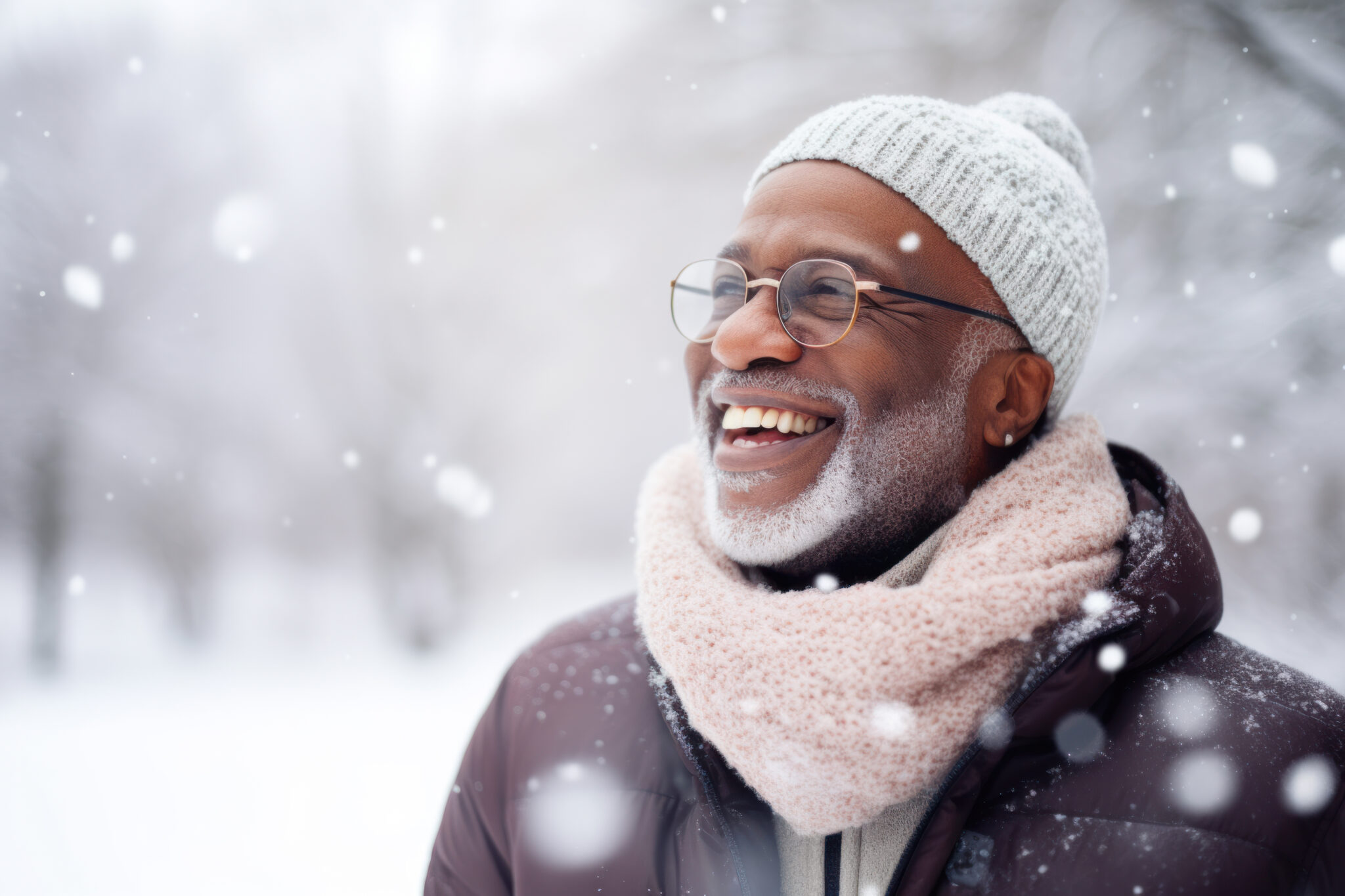 Joyful man enjoying a snowy winter day in a park.