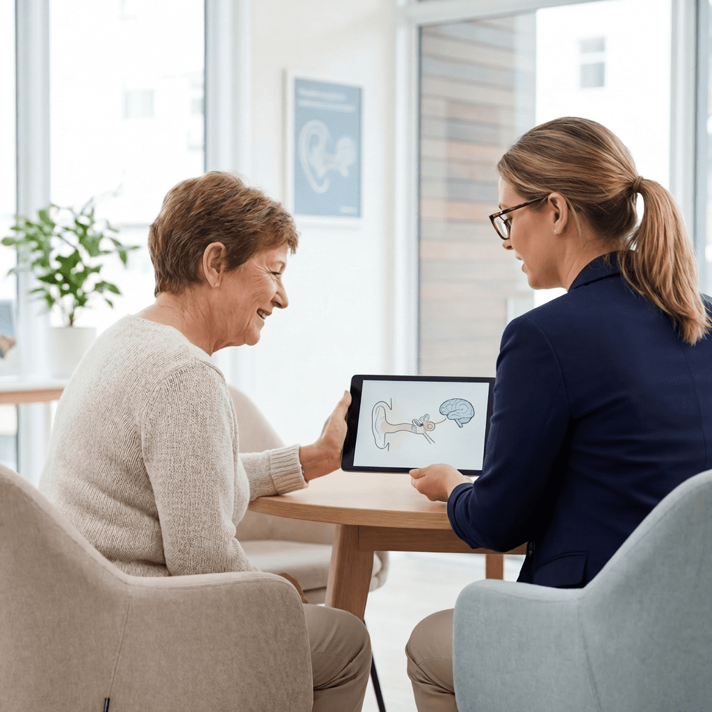 Older woman talking with a hearing care professional in a bright clinic while looking at a brain and ear diagram on a tablet.