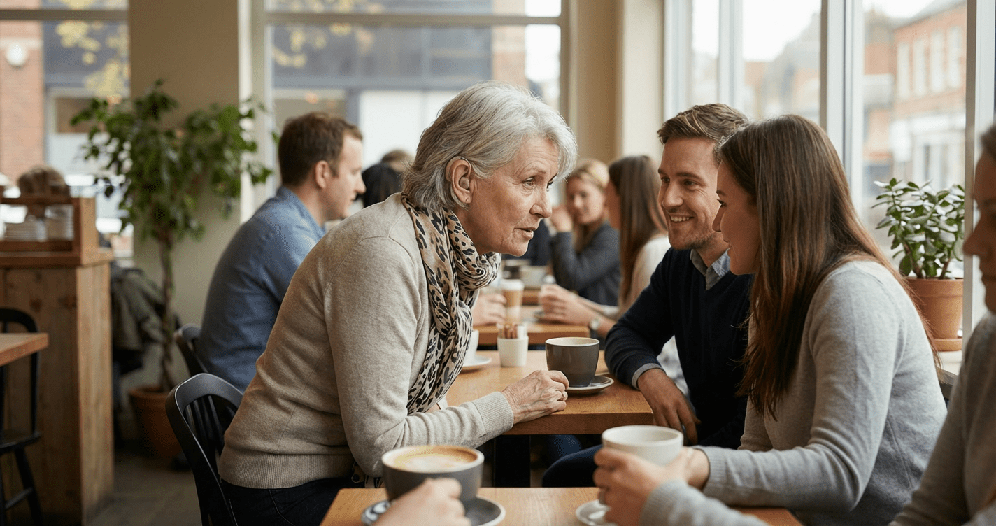 Older woman with hearing aids talking with younger adults in a noisy café, illustrating difficulty understanding speech in background noise