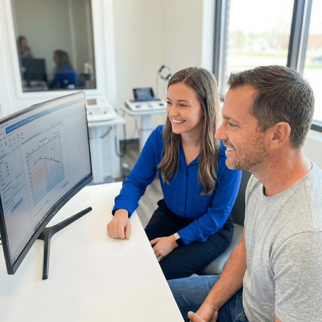 Hearing care professional reviewing tinnitus and hearing test results with an adult patient.