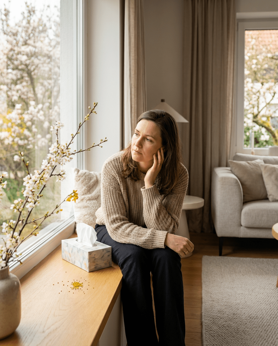 Adult sitting by a window during allergy season, touching one ear while dealing with ear fullness and muffled hearing.