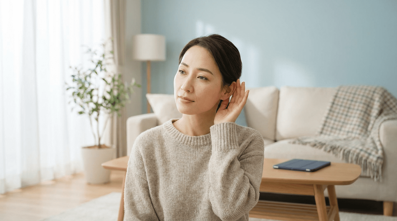 Adult woman at home touching her ear with a concerned expression, illustrating muffled hearing and possible earwax buildup.