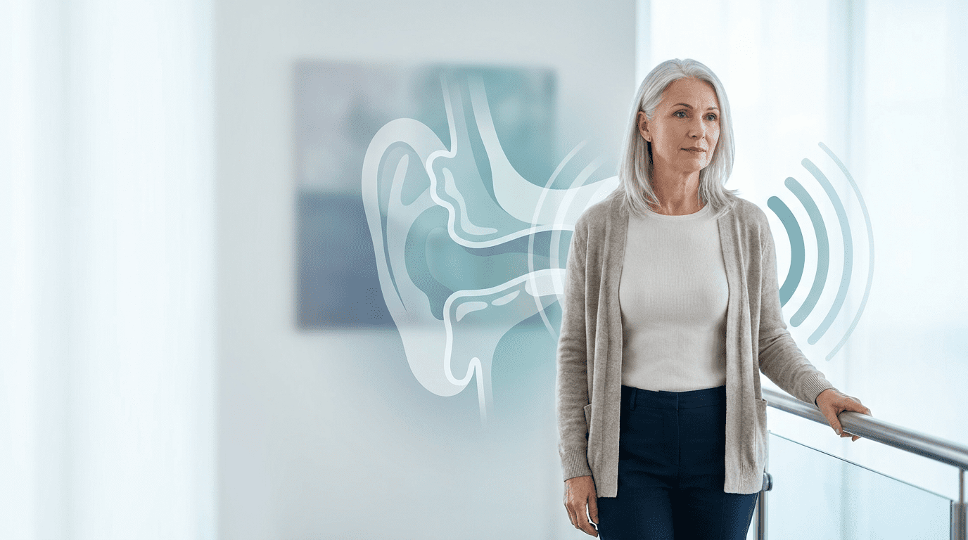 Hearing Loss and Balance Older woman standing beside a railing with an inner ear graphic, illustrating the connection between hearing loss and balance problems.