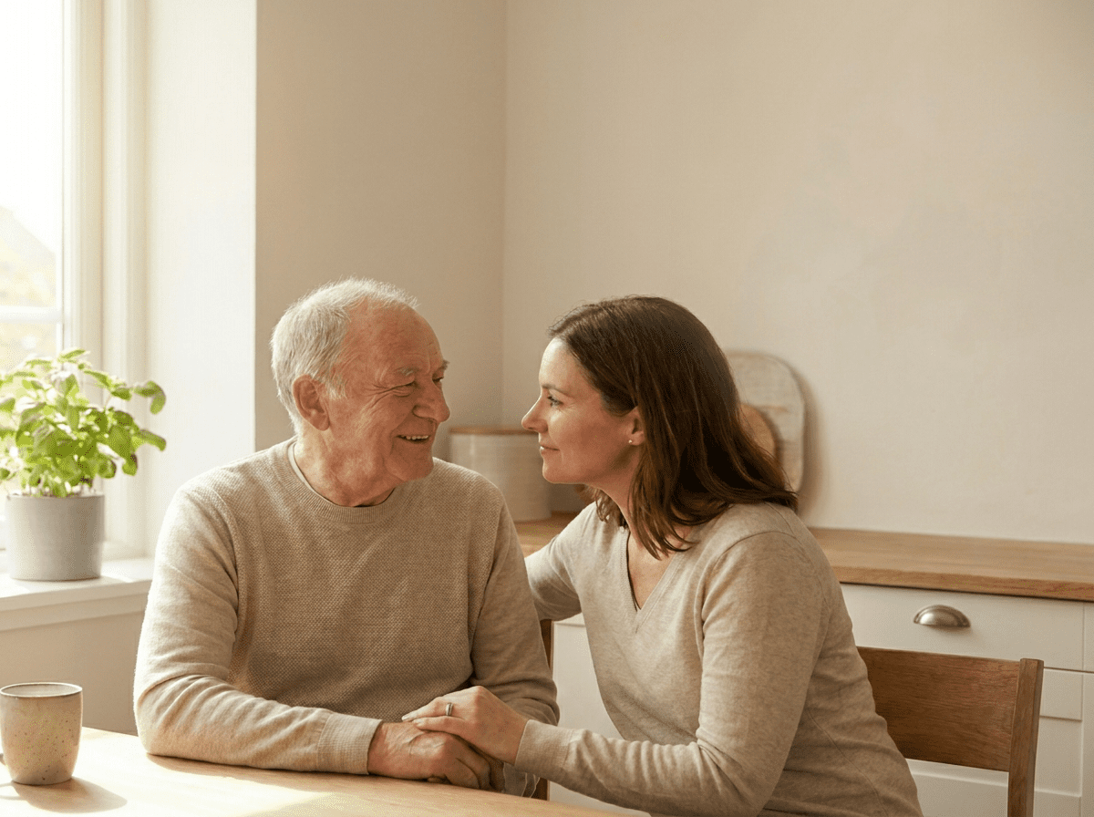 Adult daughter talking with an older father at home about hearing loss in a warm, supportive conversation.