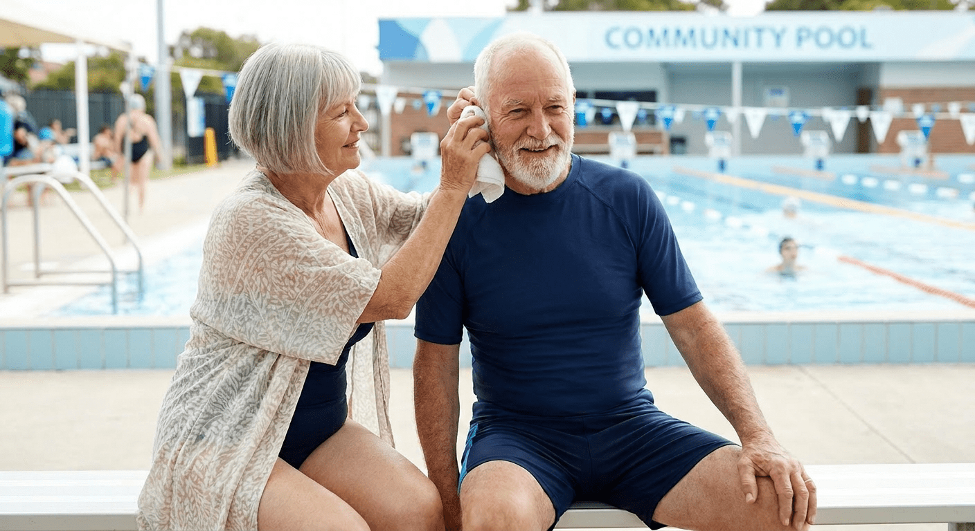 Older couple sitting poolside after swimming, with the woman gently drying the man’s ear with a towel.