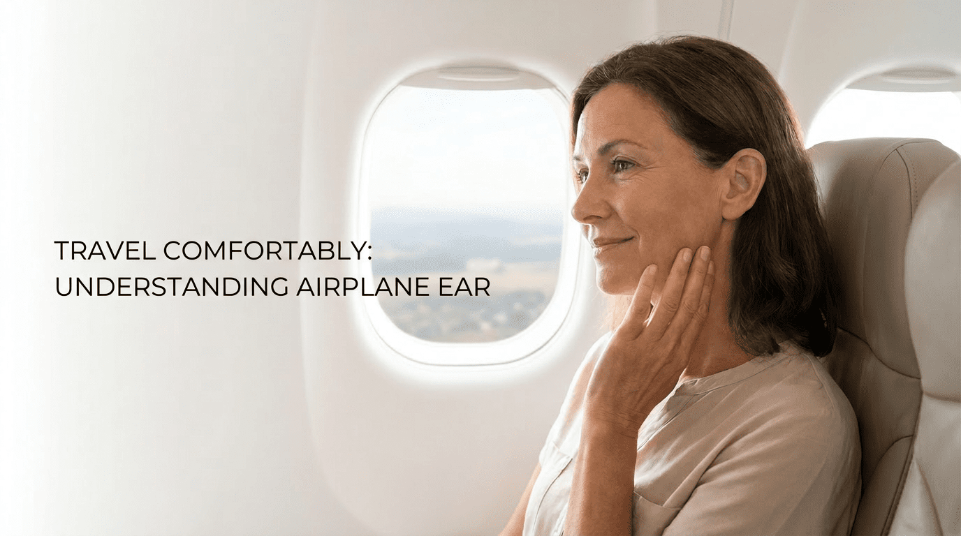 Woman sitting on an airplane touching her ear during a flight, illustrating airplane ear discomfort and travel-related ear pressure.