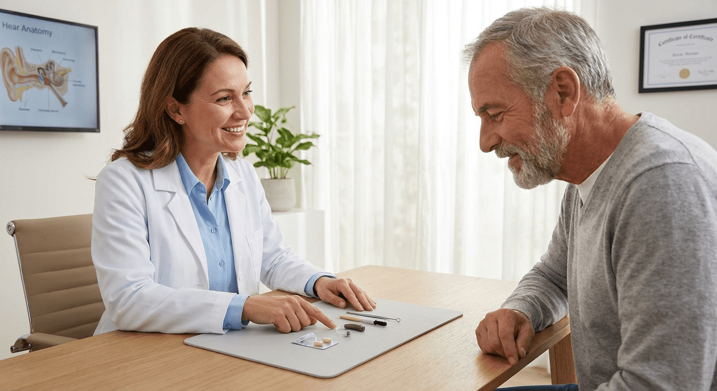 Hearing care professional showing a patient how to clean a modern hearing aid.
