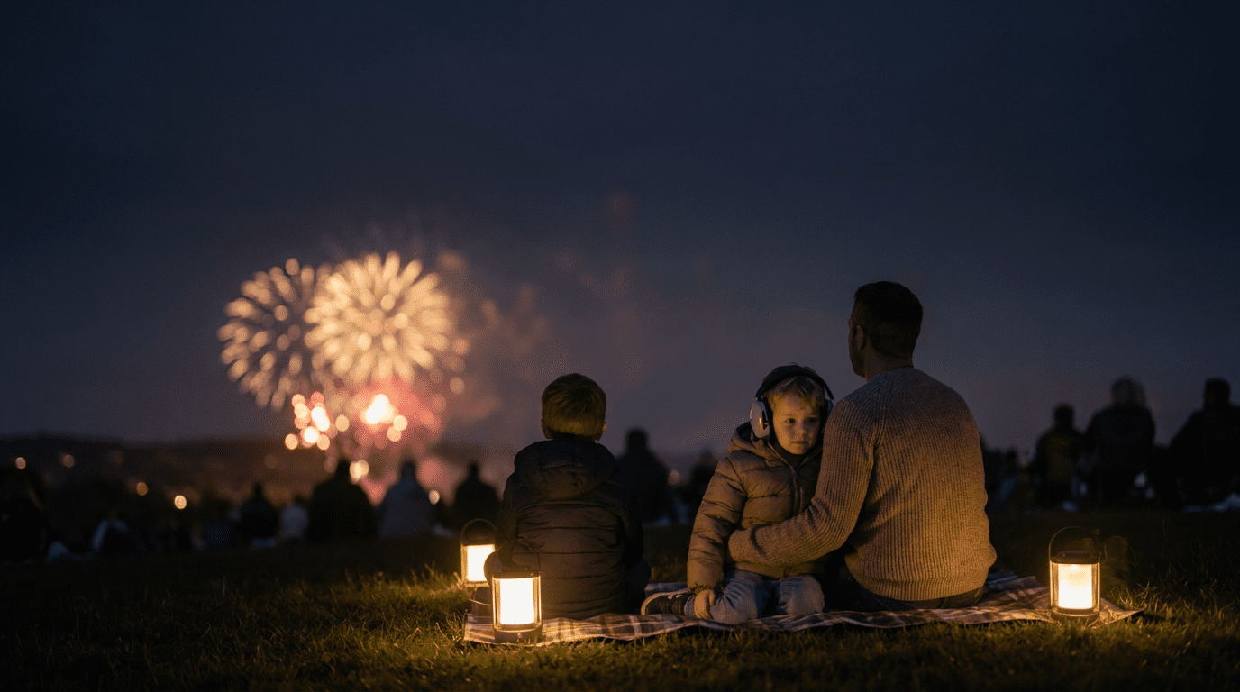 Child wearing protective earmuffs while sitting with family on a blanket and watching fireworks from a safe distance at night.