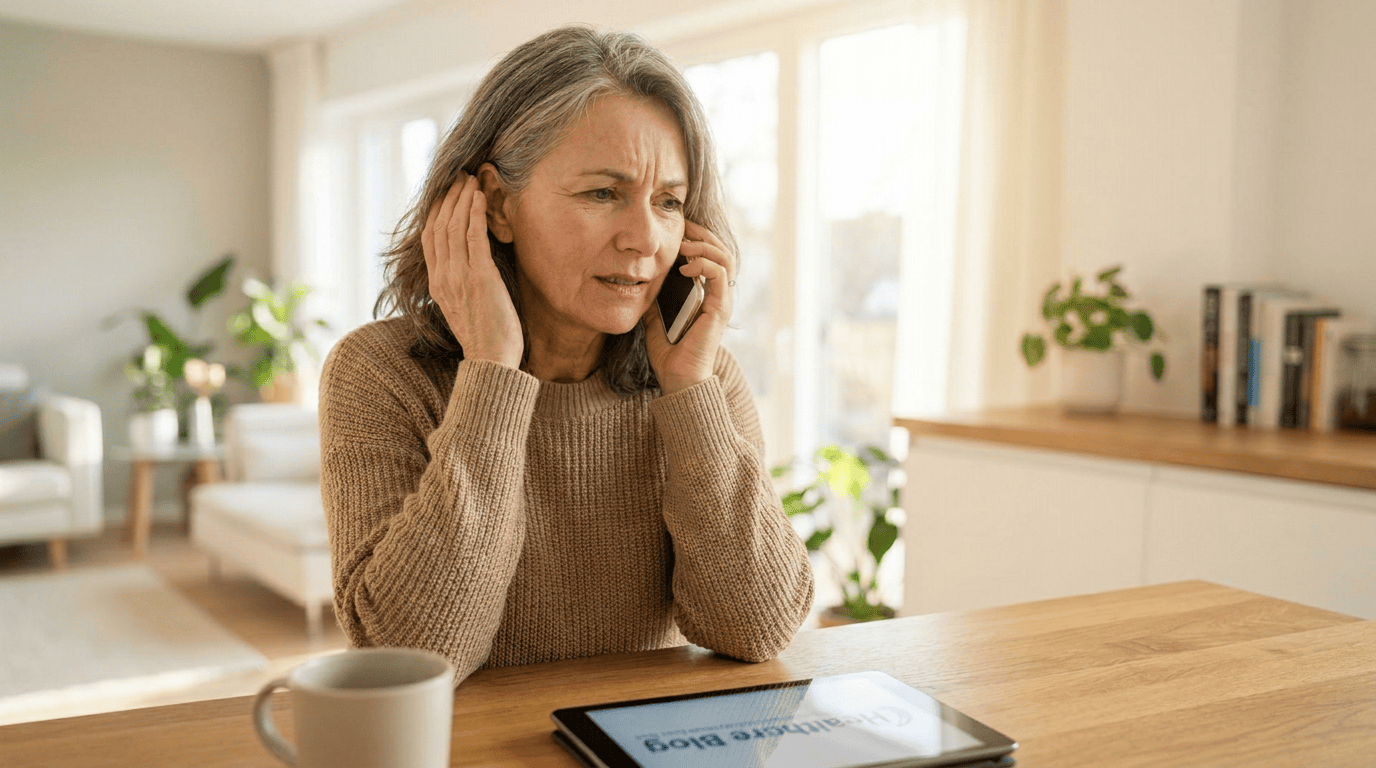 Adult at home struggling to hear during a phone call, with one hand cupping her ear.