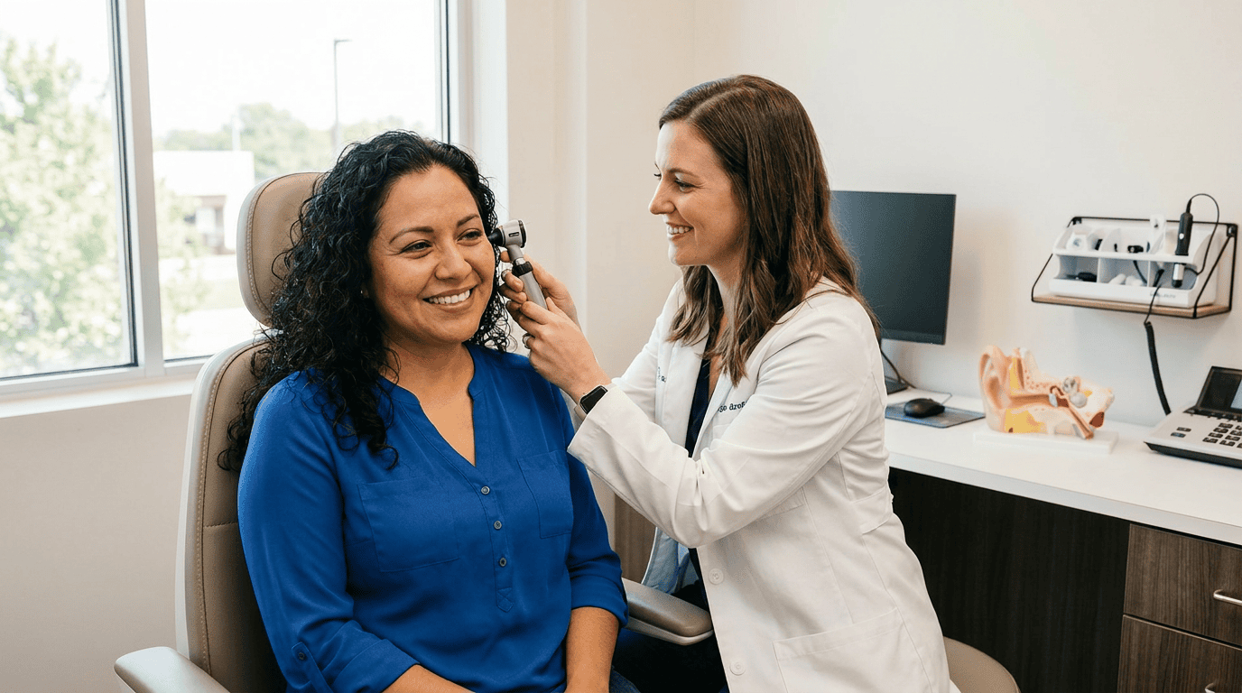 Professional ear exam in a welcoming clinic setting Hearing care professional examining an adult patient’s ear in a bright, modern clinic.