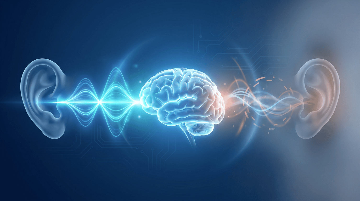 Single-Sided Hearing Loss: How One Ear Affects the Way You Hear A glowing brain centered between two ears, with a strong bright sound wave flowing from the left ear and a weaker, distorted signal on the right, illustrating single-sided hearing loss.
