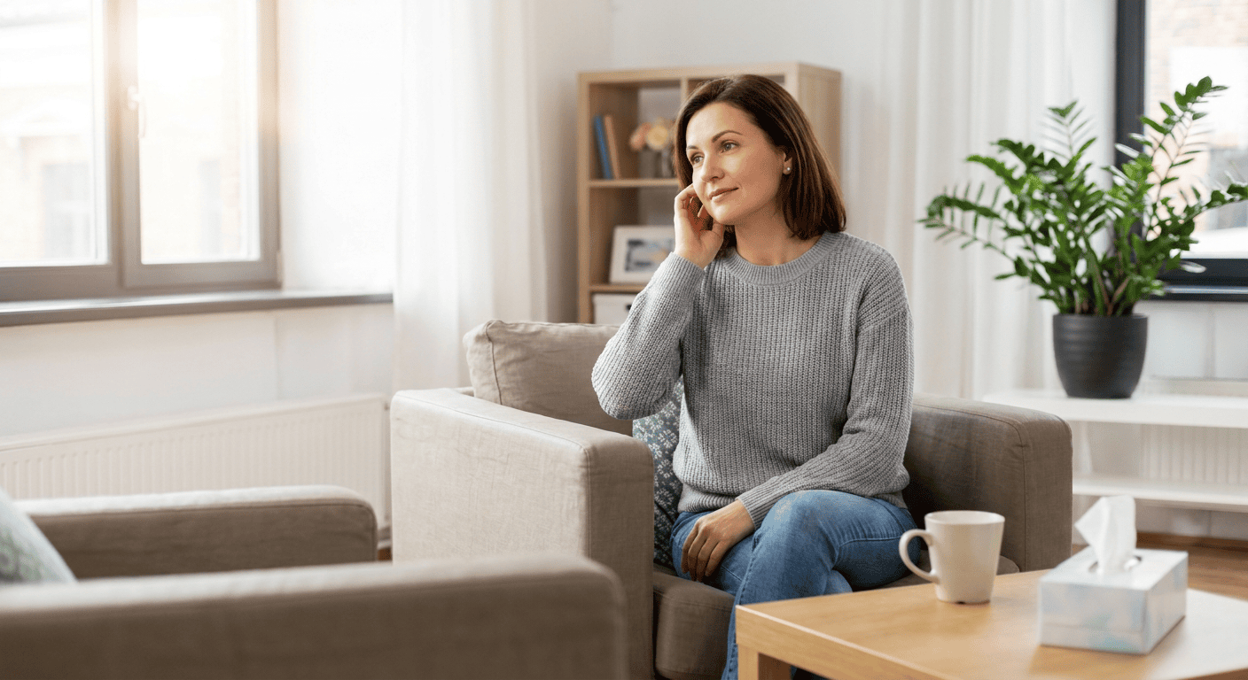 Sinus Pressure and Muffled Hearing at Home Adult sitting at home and gently touching one ear while dealing with mild sinus congestion and muffled hearing.