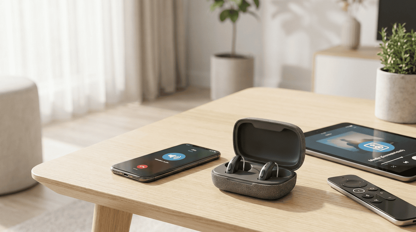 Modern Hearing Aid Technology for Wireless Streaming at Home Modern hearing aids with charging case, smartphone, tablet, and TV remote on a table, showing wireless audio streaming technology for calls, media, and TV listening.