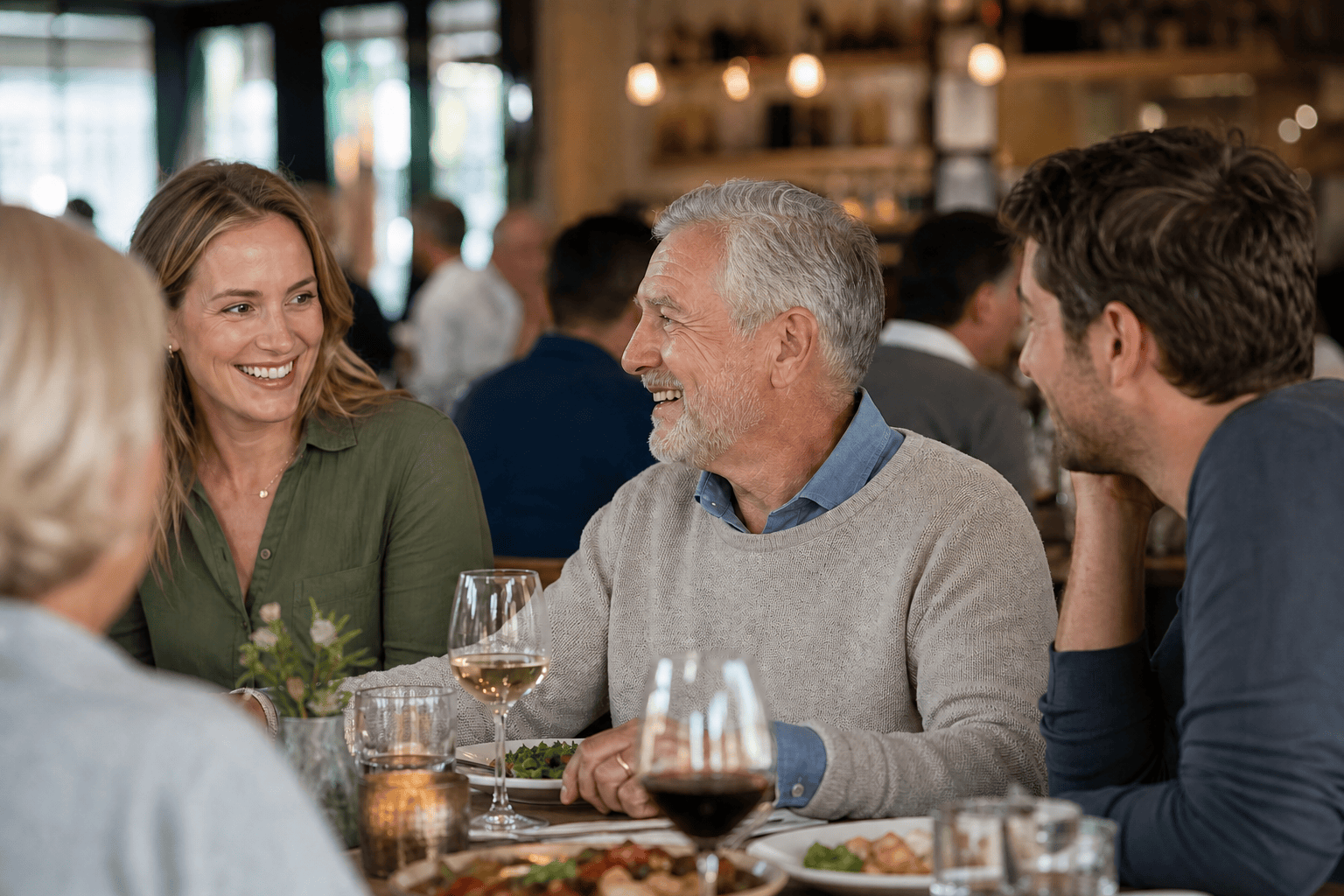 Hearing and Conversation in Noisy Restaurants Older adult smiling and enjoying conversation with family at a busy restaurant table, illustrating hearing and communication in background noise.