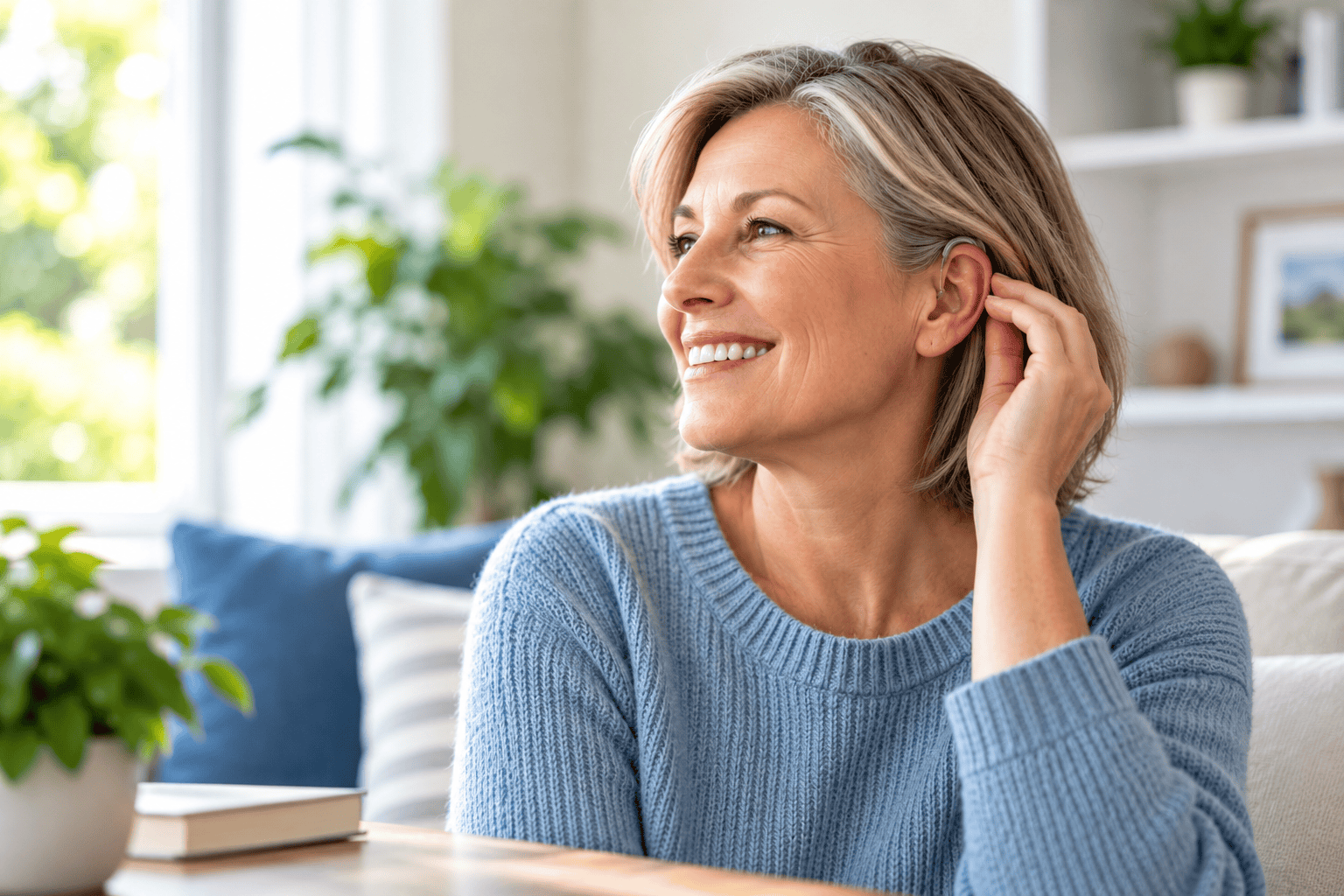 Getting Used to Hearing Aids Woman adjusting a modern hearing aid while getting used to new hearing aids