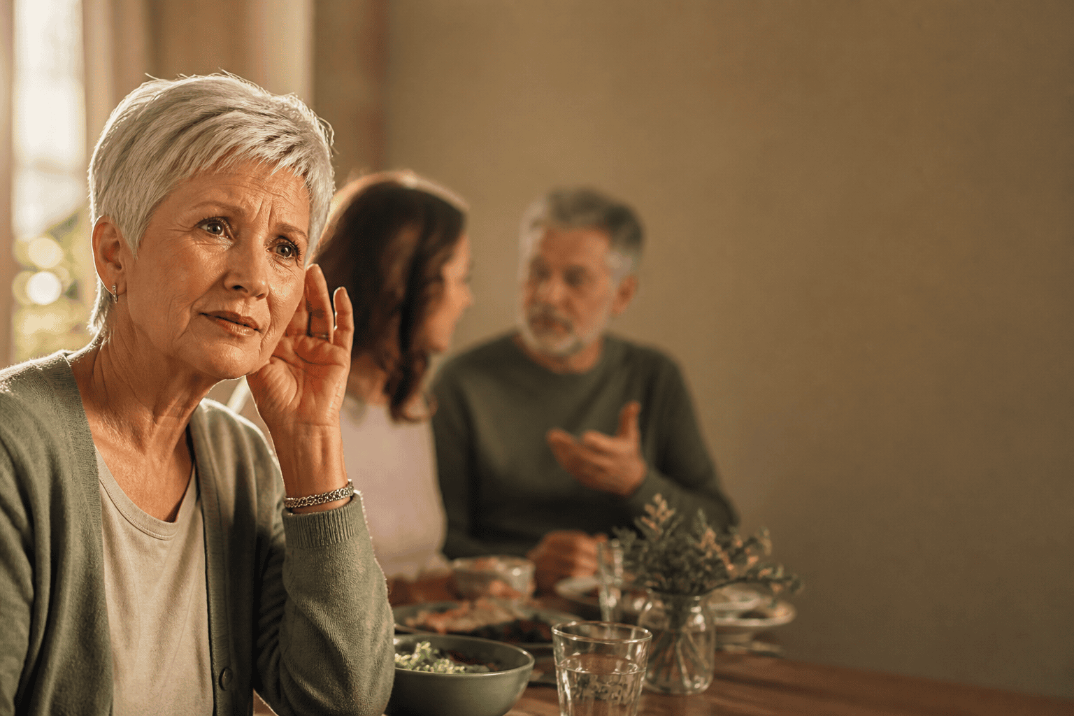 Woman at a family dinner leans in to follow the conversation, illustrating how hearing loss can contribute to social isolation.