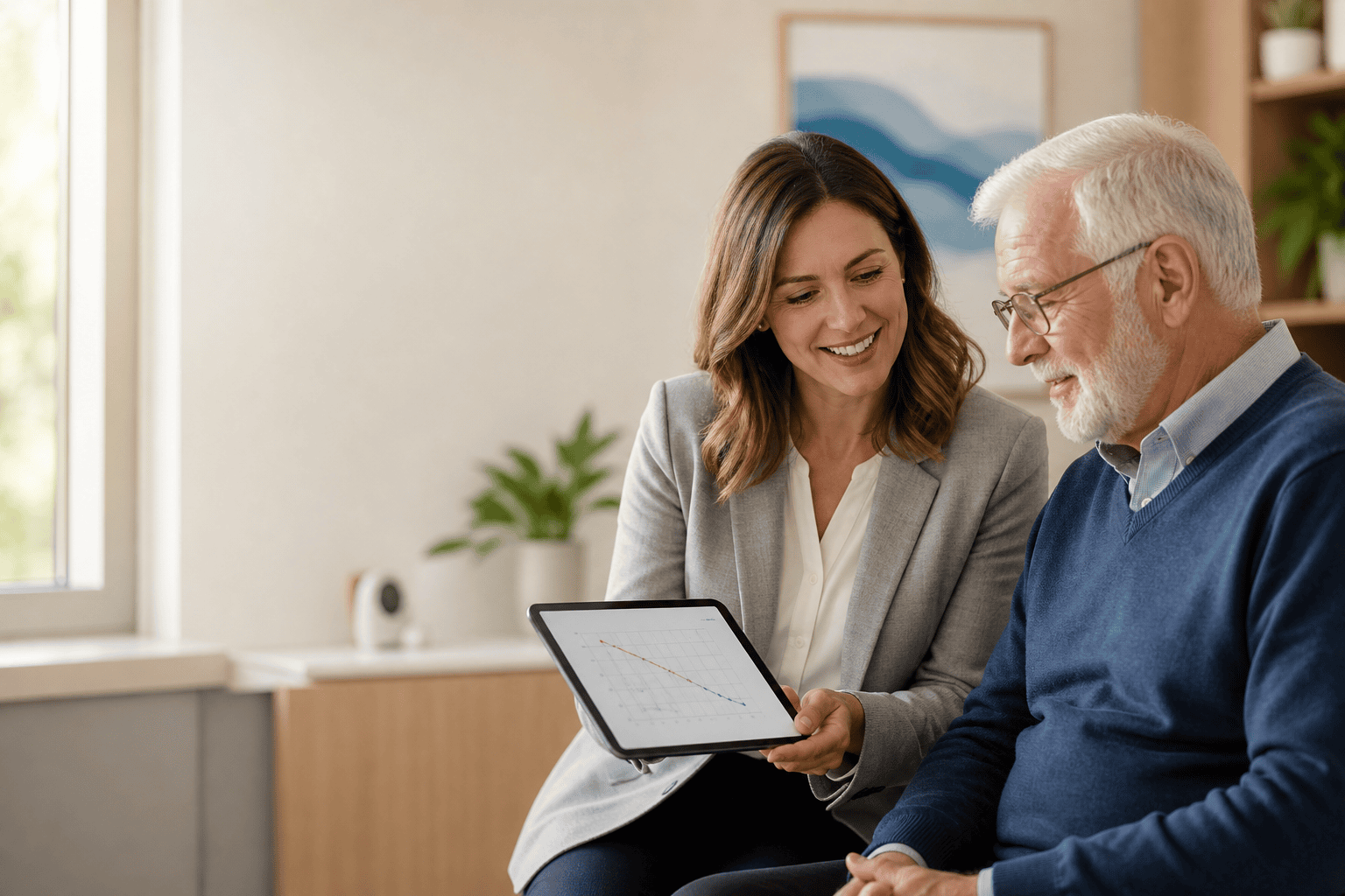 A hearing care professional reviews an audiogram with a patient in a calm, well-lit clinic.
